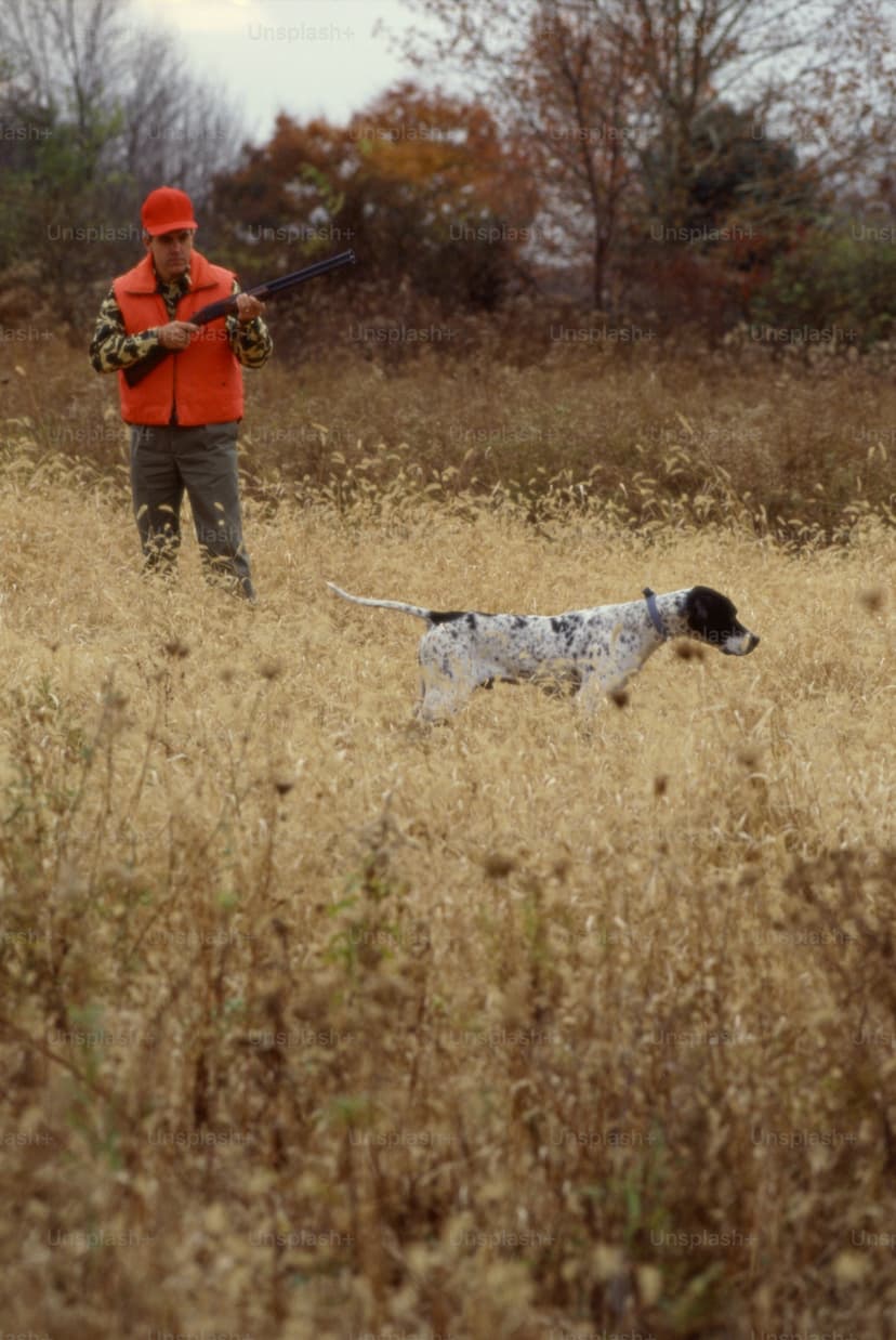 Hunter with dog in field